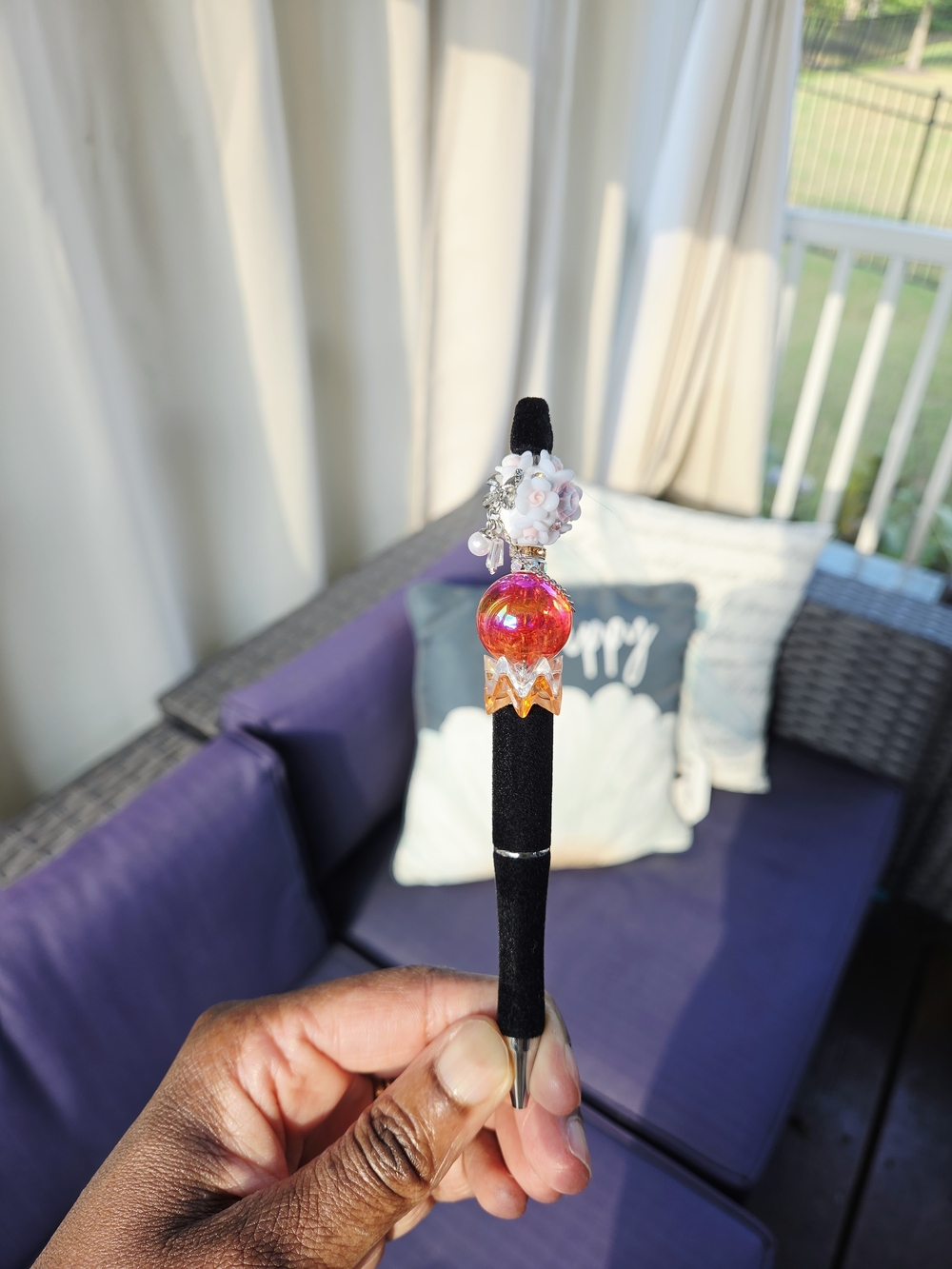 Handmade Black Pen with Pink-Orange Decorative Bead